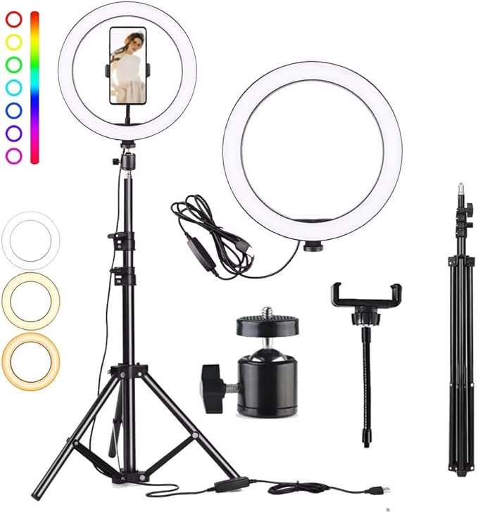 14 inch RGB ring light set with telescoping stand and phone holder