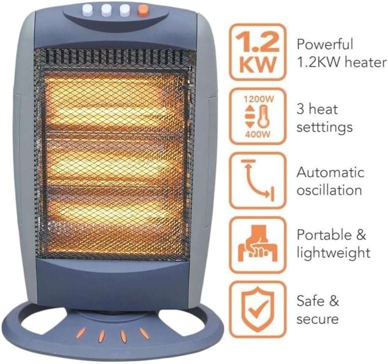 HomeVibe 1200W Halogen Heater  3 Power Settings (400W/800W/1200W), Lightweight & Portable with Car