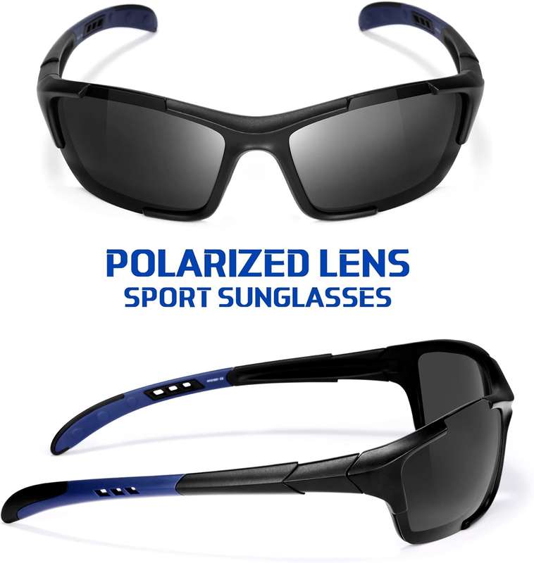 Polarized Sports Sunglasses Mens Cycling Running Golf Fishing Volleyball Tennis Anti-UV (Black/Blue)