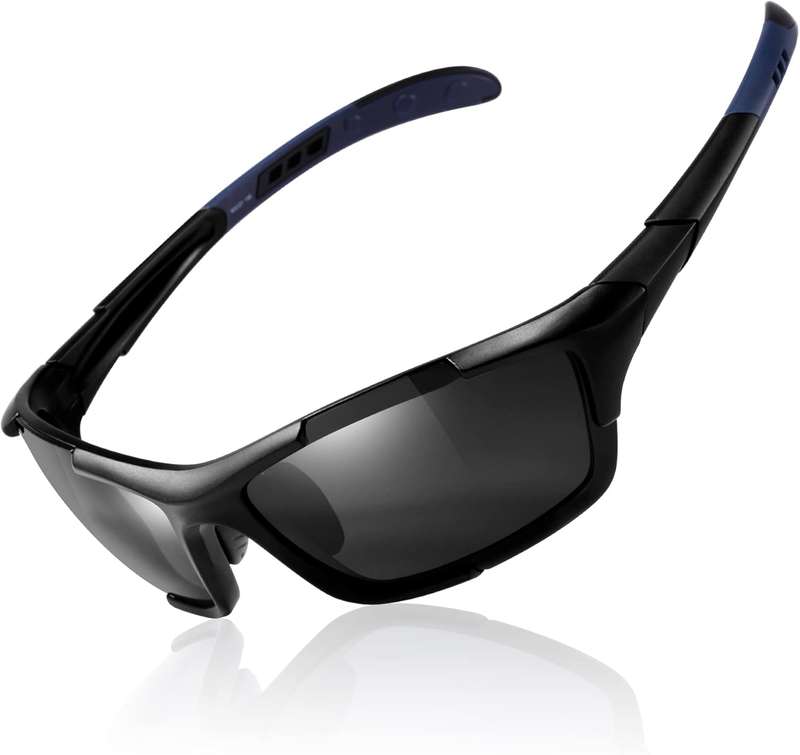 Polarized Sports Sunglasses Mens Cycling Running Golf Fishing Volleyball Tennis Anti-UV (Black/Blue)