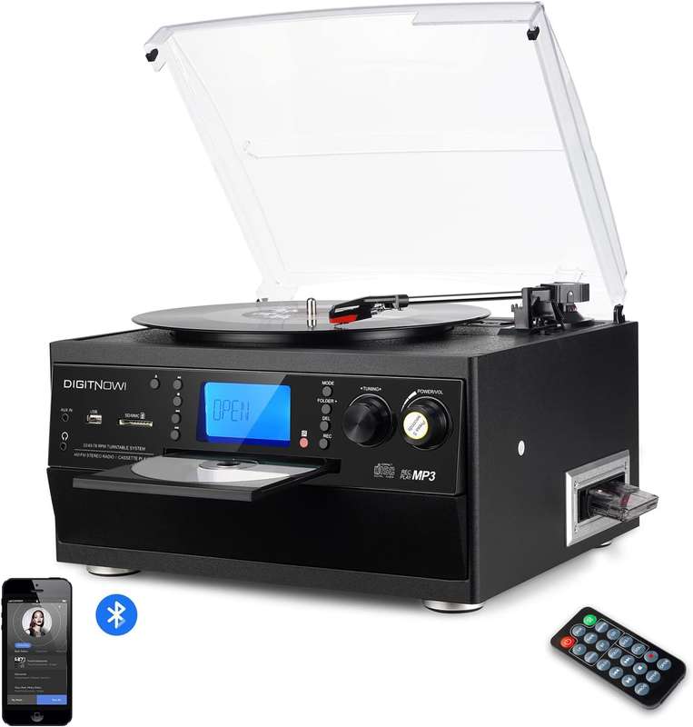 DIGITNOW Bluetooth Record Player Turntable with Stereo Speaker, LP Vinyl to MP3 Converter with CD, C