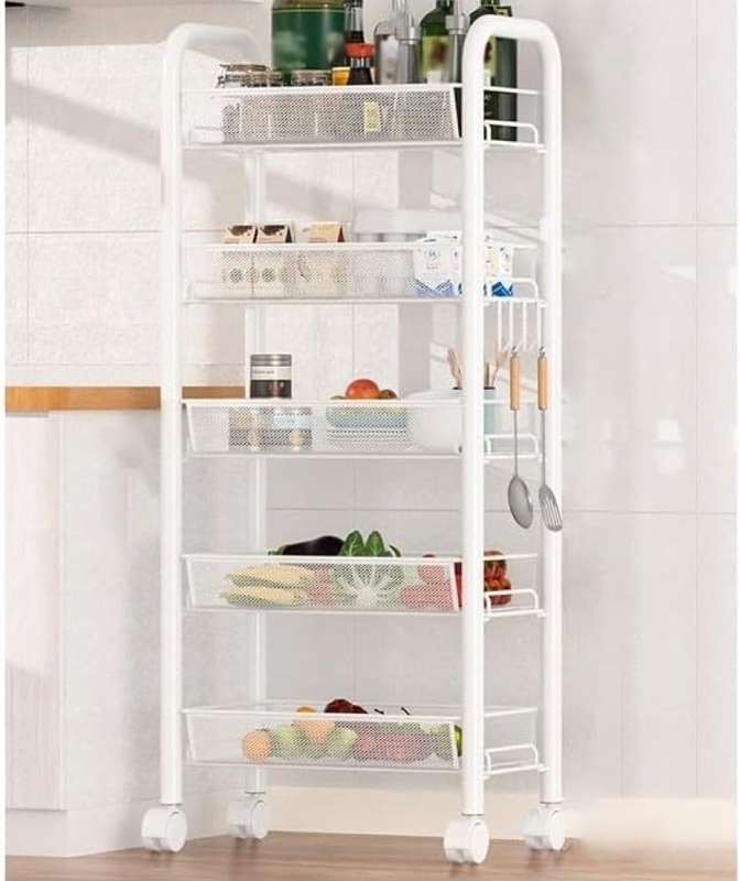 5-layer Portable Rolling Storage Rack on Wheels - 105cm - WHITE