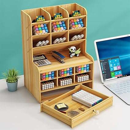Wooden Desk Organizer with Drawer, Large Capacity DIY Pen Holder Storage Box Desktop Stationary Stor