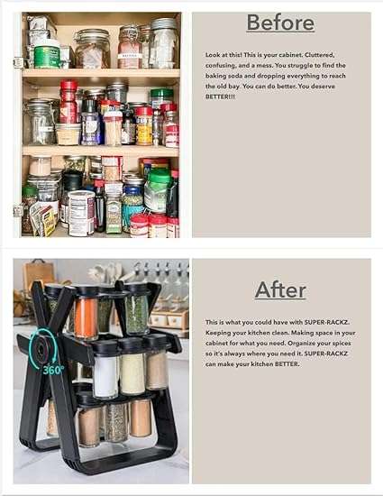 Super-Rackz Spice Rack Rotating Kitchen Spice Organizer for Countertop and Cabinet with 18 Glass Spi
