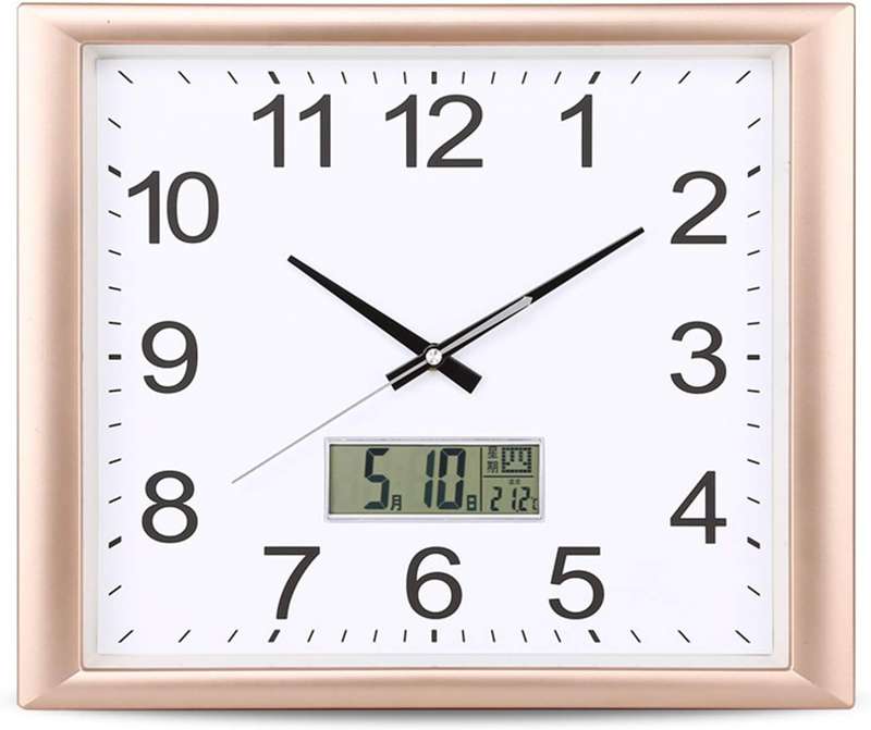 Wall Clock LCD Display Squire With Digital Display Gold Frame