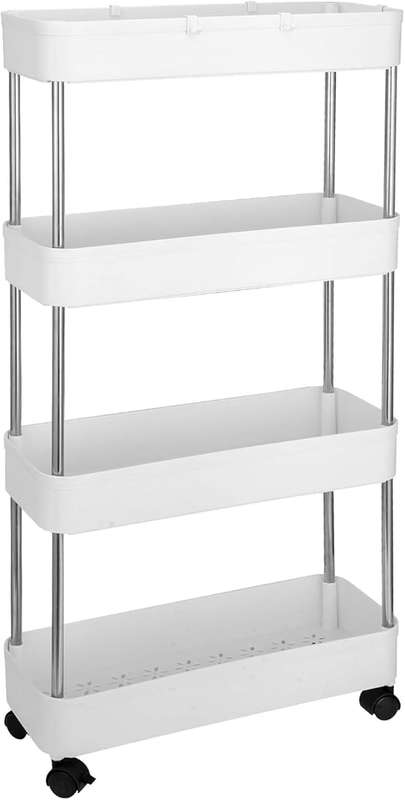 4-Tier Slim Storage Shelf Rolling Organizer Cart with Stainless Steel and ABS Material for Kitchen