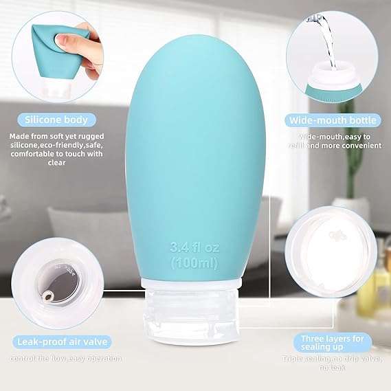 Travel Bottles 3.4 oz TSA Approved Silicone BPA Free Refillable Squeeze Accessories Containers with