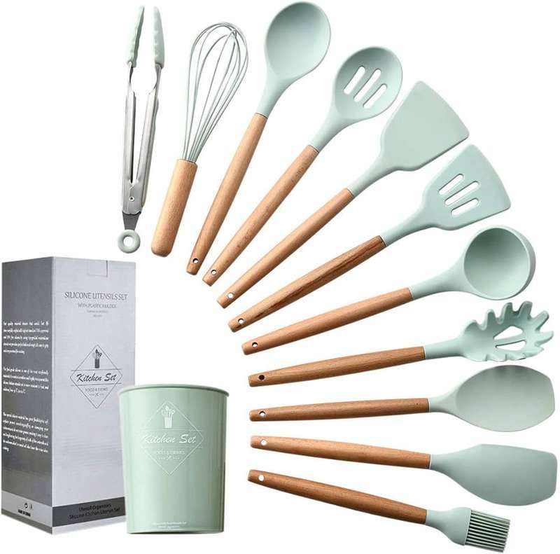 Cooking Utensil Set 11 Piece with Holder - Green