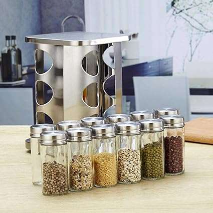 Stainless Steel Revolving Spice Rack with Glass Jars -12 pcs