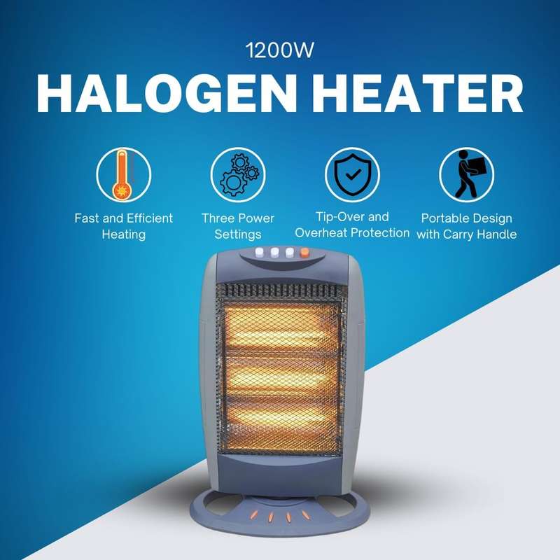 HomeVibe 1200W Halogen Heater  3 Power Settings (400W/800W/1200W), Lightweight & Portable with Car