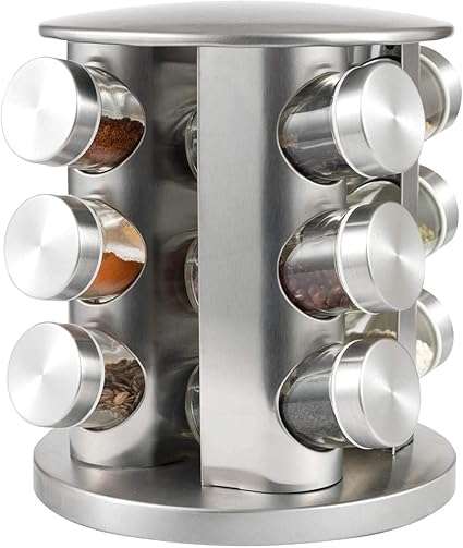 Stainless Steel Revolving Spice Rack with Glass Jars -12 pcs