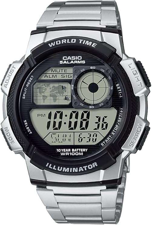 Casio Men`s AE1000WD-1AVCF World Time Silver-Tone Bracelet and Digital Sport Watch