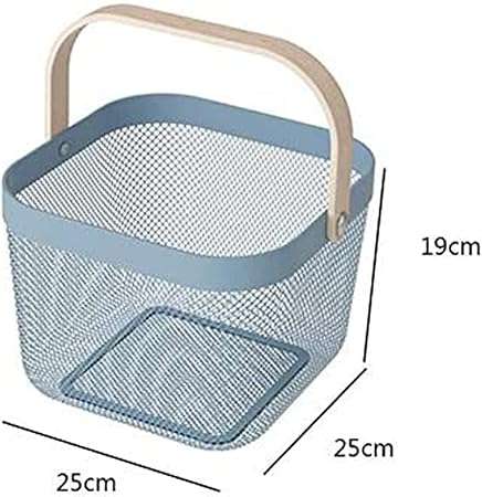 Hanging Round Mesh Fruit Basket Bowl with Wooden Handle for Storage,Garden Kitchen Bathroom Pantry