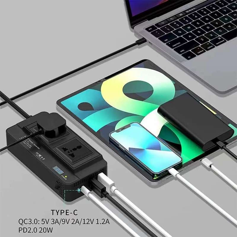 300W DC 12V to 220V AC Car Power Inverter, 2XUSB 1XType-C Ports Charger Adapter Automobile Inverter
