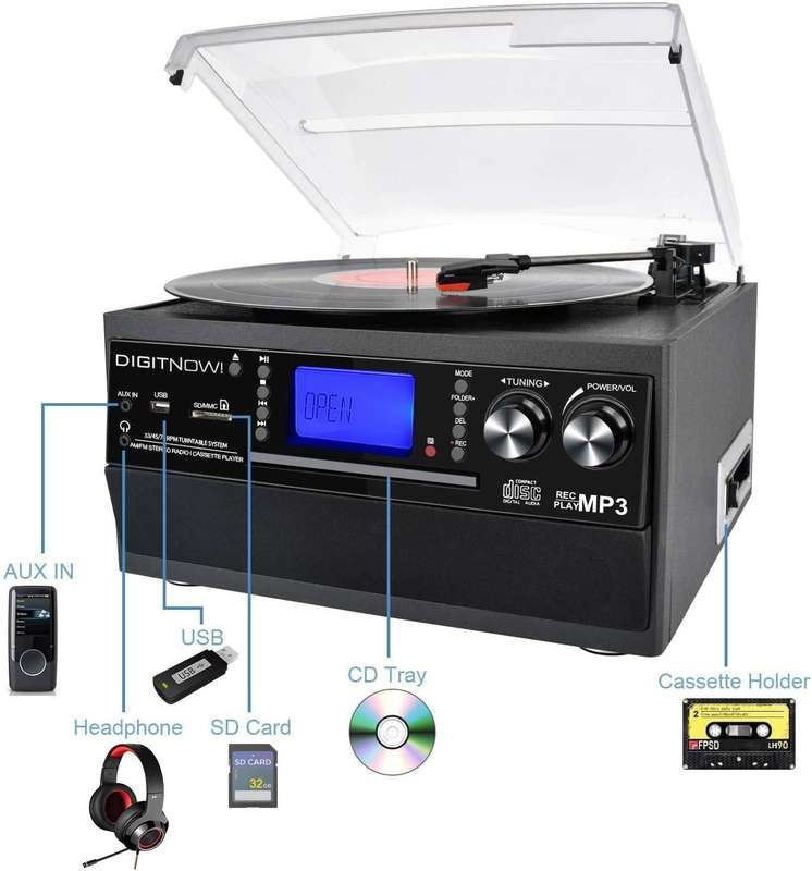DIGITNOW Bluetooth Record Player Turntable with Stereo Speaker, LP Vinyl to MP3 Converter with CD, C