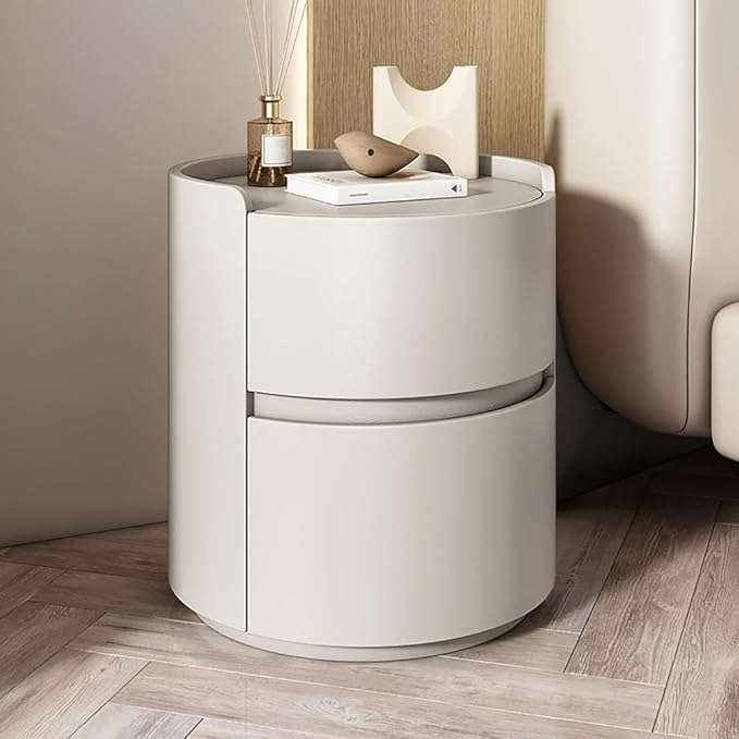 Modern Minimalist White Bedside Table Solid Wood Round Nightstand
