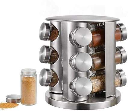 Stainless Steel Revolving Spice Rack with Glass Jars -12 pcs