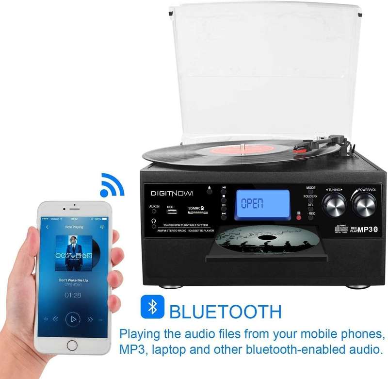 DIGITNOW Bluetooth Record Player Turntable with Stereo Speaker, LP Vinyl to MP3 Converter with CD, C