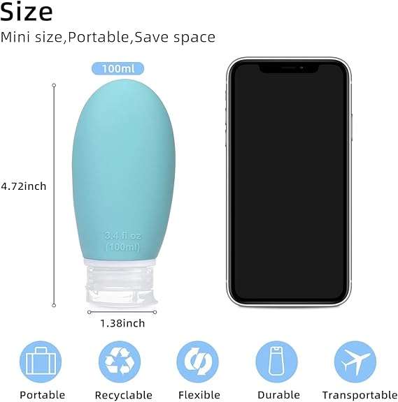 Travel Bottles 3.4 oz TSA Approved Silicone BPA Free Refillable Squeeze Accessories Containers with