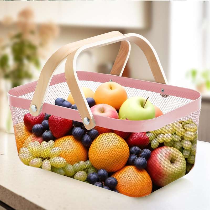 Rectangular Metal Mesh basket with wooden handle