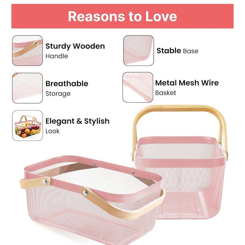 Rectangular Metal Mesh basket with wooden handle