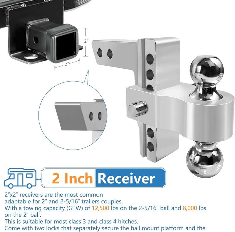 Adjustable Trailer Hitch - 6 Inch Drop Hitch Ball Mount for 2 Inch Receiver, 12,500 GTW