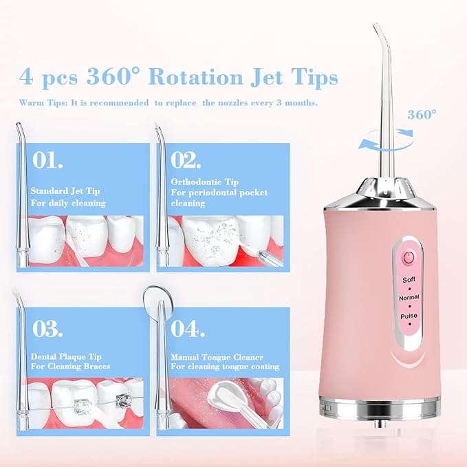 Large Size Portable Dental Floss Rechargeable Cordless 4 Jet Tips 3 Modes IPX7 Waterproof 230ml Remo