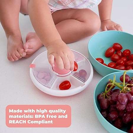 Kids Snack Spinner Bundle with Hand Strap and Sticker Sheet - Reusable Snack Container with 5 Compar
