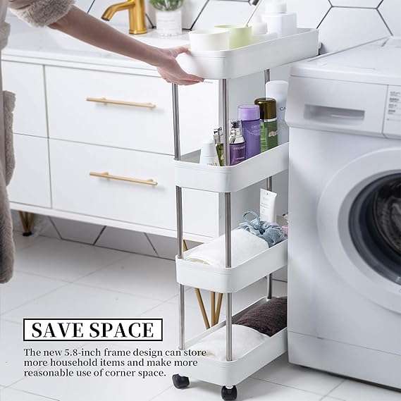 4-Tier Slim Storage Shelf Rolling Organizer Cart with Stainless Steel and ABS Material for Kitchen