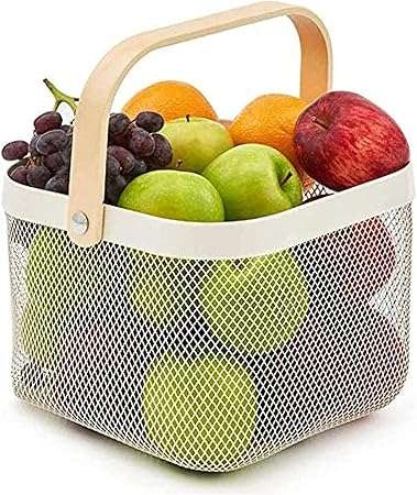 Hanging Round Mesh Fruit Basket Bowl with Wooden Handle for Storage,Garden Kitchen Bathroom Pantry