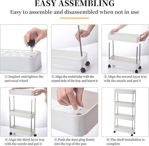 4-Tier Slim Storage Shelf Rolling Organizer Cart with Stainless Steel and ABS Material for Kitchen