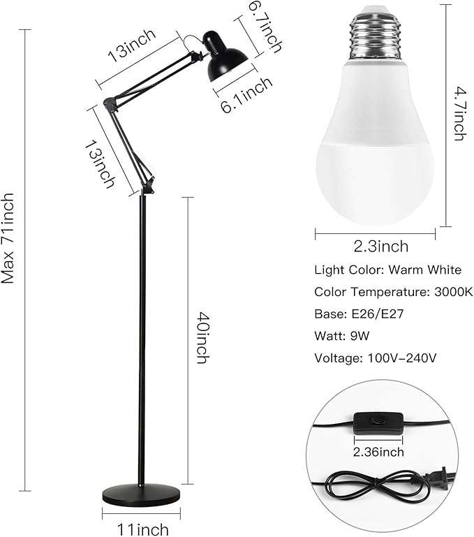 Swing arm standing reading lamp with metal base light lamp