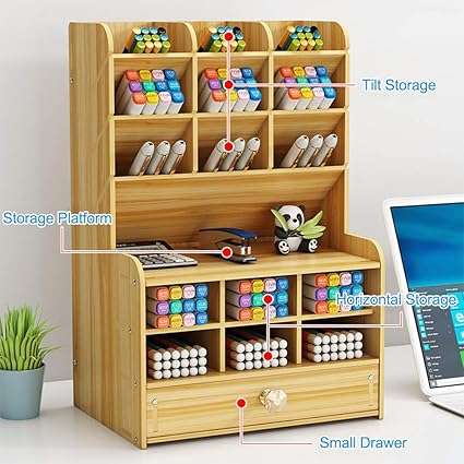 Wooden Desk Organizer with Drawer, Large Capacity DIY Pen Holder Storage Box Desktop Stationary Stor