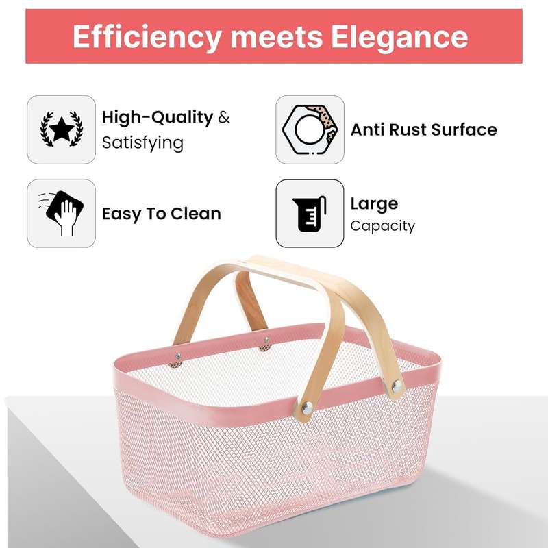 Rectangular Metal Mesh basket with wooden handle