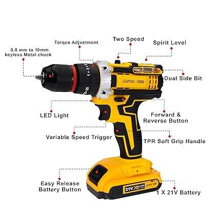 Cordless Drill Driver, 21V Li-ion Battery, 0.8-10mm Keyless Chuck, LED Light, Variable Speed, TPR G