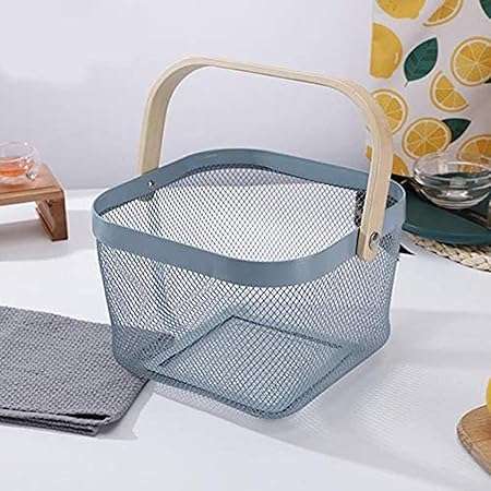 Hanging Round Mesh Fruit Basket Bowl with Wooden Handle for Storage,Garden Kitchen Bathroom Pantry