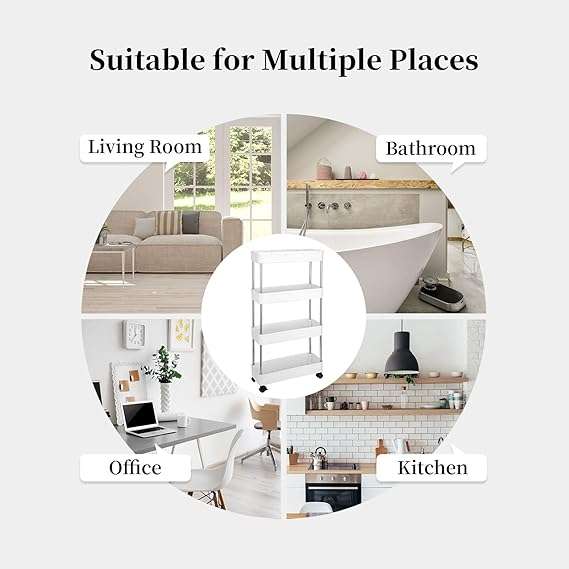 4-Tier Slim Storage Shelf Rolling Organizer Cart with Stainless Steel and ABS Material for Kitchen