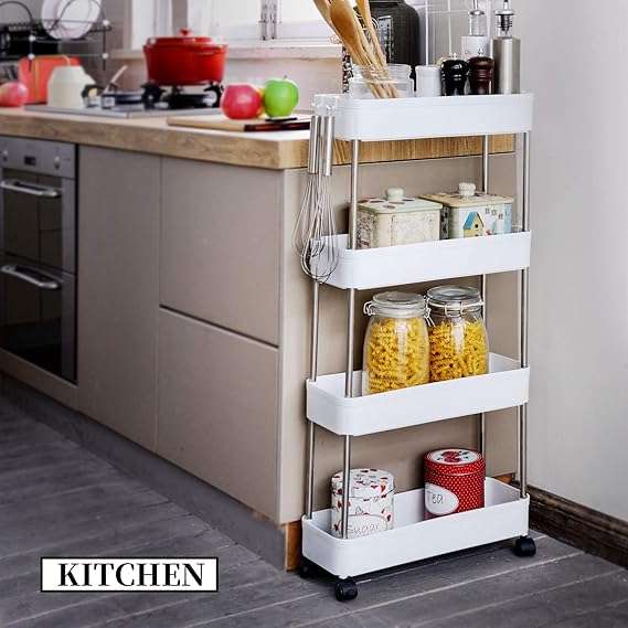 4-Tier Slim Storage Shelf Rolling Organizer Cart with Stainless Steel and ABS Material for Kitchen