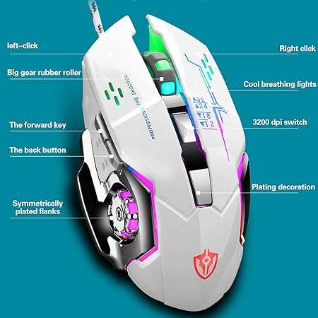 Wired Gaming Mouse, Lightweight Mouse USB Gaming Mice for PC Gamers-White