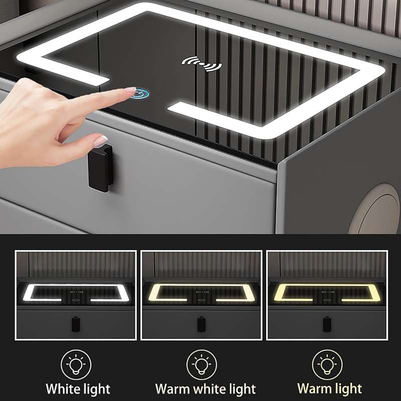 2-Drawer LED Light Bluetooth Bedside Table With Wireless Charging - Black