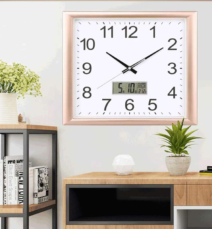 Wall Clock LCD Display Squire With Digital Display Gold Frame