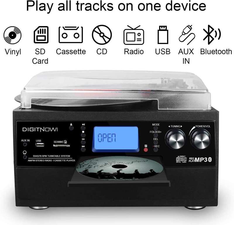 DIGITNOW Bluetooth Record Player Turntable with Stereo Speaker, LP Vinyl to MP3 Converter with CD, C