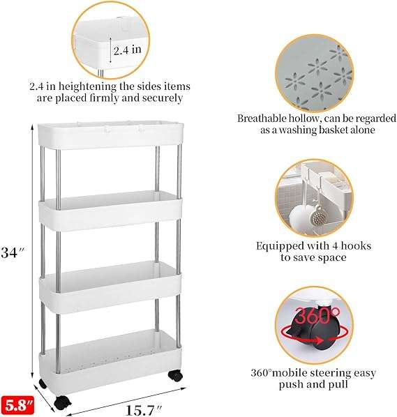 4-Tier Slim Storage Shelf Rolling Organizer Cart with Stainless Steel and ABS Material for Kitchen