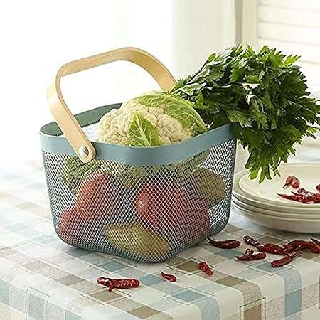 Hanging Round Mesh Fruit Basket Bowl with Wooden Handle for Storage,Garden Kitchen Bathroom Pantry
