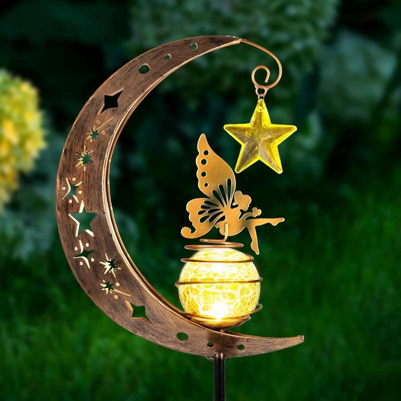 Fairy Solar Garden Lights, Moon Fairy Crackle Glass Lights