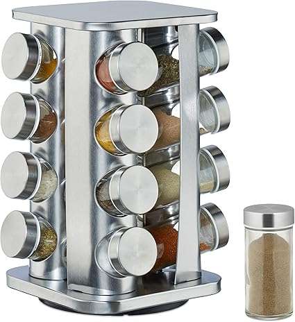 Spice Carousel with 16 Jars on 4 Tiers, 360° Rotation, Shakers, Stainless Steel, Silver
