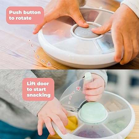 Kids Snack Spinner Bundle with Hand Strap and Sticker Sheet - Reusable Snack Container with 5 Compar