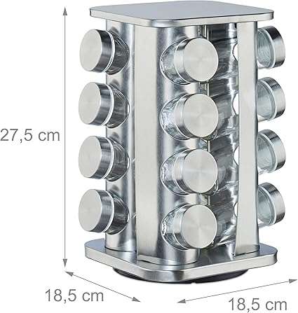 Spice Carousel with 16 Jars on 4 Tiers, 360° Rotation, Shakers, Stainless Steel, Silver