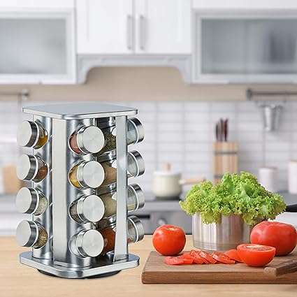 Spice Carousel with 16 Jars on 4 Tiers, 360° Rotation, Shakers, Stainless Steel, Silver