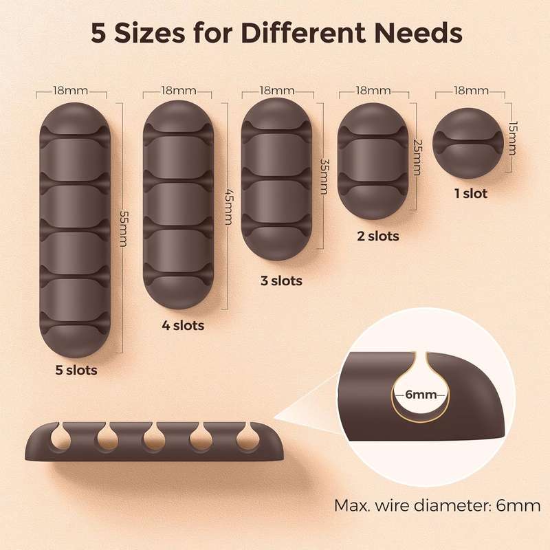 UNBREAKcable Cable Holder Clips, 5 Pack Cord Organizer for Desk, Silicone Adjustable Cord Clip, Adh